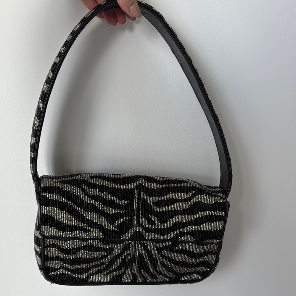 STAUD Black and Silver Shoulder Bag with Zebra Pattern